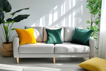 living room in cozy Scandinavian style with grey sofa, tropical plant, green and yellow pillows