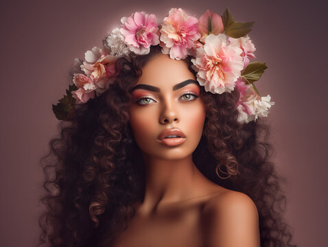 Gorgeous Beautiful young woman portrait, with wreath of pink and white exotic flowers on her head, Beauty Model, tropical woman face, amazing eyes, curly tick brown hair, Fashion Art
