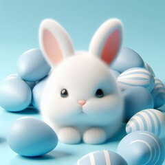 Cute fluffy white Easter bunny is lying among the eggs on a pastel blue background. Easter holiday concept in minimalism style. Fashion monochromatic   composition. Copy space for design.