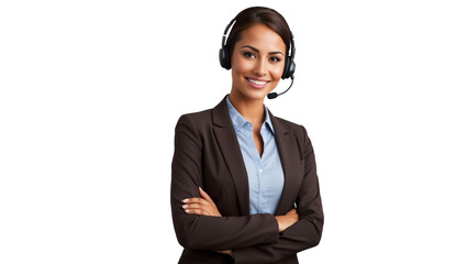Portrait of a happy call center woman arms crossed isolated on a transparent background for consulting. Smile, customer support or service career with a young employee on PNG for telemarketing