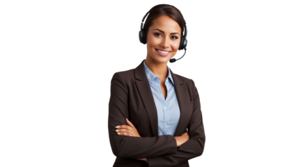 Portrait of a happy call center woman arms crossed isolated on a transparent background for consulting. Smile, customer support or service career with a young employee on PNG for telemarketing