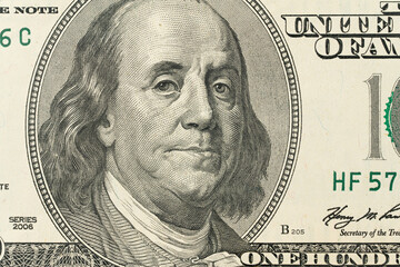 Close up of hundred dollar bill. Macro close up of Ben Franklin.
