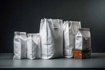White paper bags with food on black background. Food delivery concept. Blank Food Blank foil bag Mockup. Mockup. Delivery Concept.