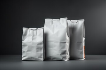 Set of white blank paper bags on a gray background. Blank Food Blank foil bag Mockup. Mockup. Delivery Concept.