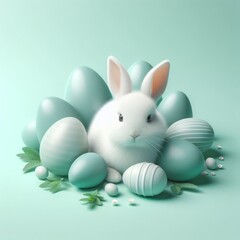 Naklejka na ściany i meble Cute fluffy white Easter bunny is lying among the eggs on a pastel mint background. Easter holiday concept in minimalism style. Fashion monochromatic composition. Copy space for design.