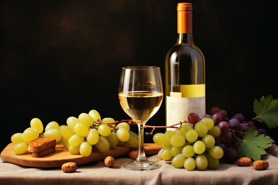 White wine glass with grapes and a bottle on a food background. Generative AI