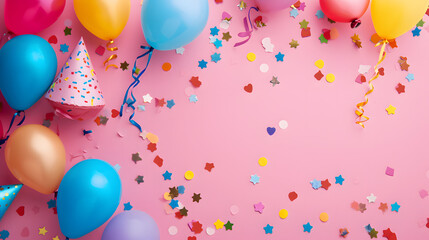 Colorful Balloons and Confetti on Pink Background for Celebration and Decoration