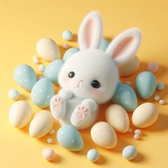 Fototapeta premium Cute fluffy white Easter bunny is lying among the eggs on a pastel yellow background. Easter holiday concept in minimalism style. Fashion monochromatic composition. Copy space for design.