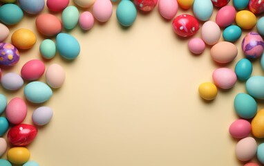 Easter eggs in the nests and spring flower background with Copy Space