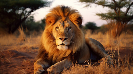 Naklejka na ściany i meble Lion sitting on the Savanah, majestic, king of the jungle