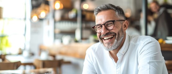 A jovial man in glasses chuckles heartily, his bearded face framed by the stylish indoor decor of a cozy restaurant - obrazy, fototapety, plakaty