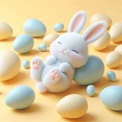 Cute fluffy white Easter bunny is lying among the eggs on a pastel yellow background. Easter holiday concept in minimalism style. Fashion monochromatic   composition. Copy space for design.
