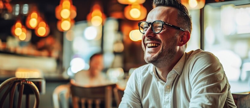A joyous man in stylish glasses laughs in a bustling restaurant, his smile lighting up the room as he sits comfortably in a plush chair amidst the sleek furniture and lively atmosphere