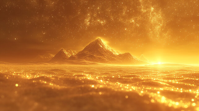 Golden snow mountain, flat land, aurora, golden aurora, dream, glittering, wide-angle lens, illusory engine