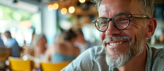 A stylish and content man with a well-groomed beard and mustache sits indoors at a restaurant, his glasses framing his friendly smile as he exudes a sense of confidence and care for his vision