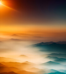 Landscape with mountains in the fog. Sunrise.  illustration.
