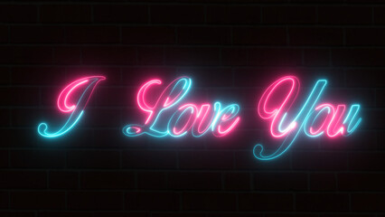 I love you neon text icon. Concept of happy valentine's day. Neon sign on brick wall.