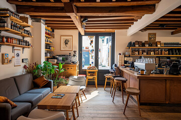 cozy coffee shop with aromatic coffee beans and comfortable seating