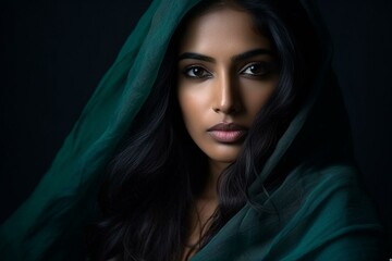 Naklejka premium Enigmatic Portrait of a Woman Draped in Emerald