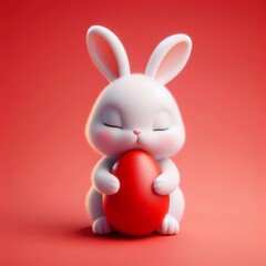 Cute fluffy white Easter bunny hugs a red egg on a red background. Easter holiday concept in minimalism style. Fashion monochromatic   composition. Copy space for design.