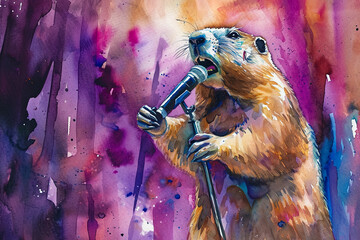 fantastic watercolor illustration of a groundhog holding a microphone