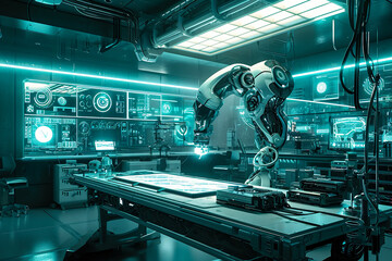 futuristic laboratory with holographic displays and advanced robotics