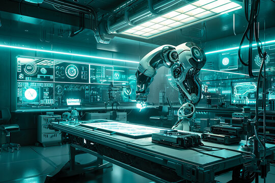 futuristic laboratory with holographic displays and advanced robotics