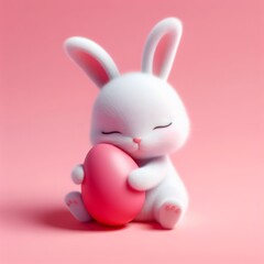 Obraz na płótnie Canvas Cute fluffy white Easter bunny hugs a pastel pink egg on a pastel pink background. Easter holiday concept in minimalism style. Fashion monochromatic composition. Copy space for design.