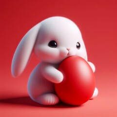 Cute fluffy white Easter bunny hugs a red egg on a red background. Easter holiday concept in minimalism style. Fashion monochromatic   composition. Copy space for design.