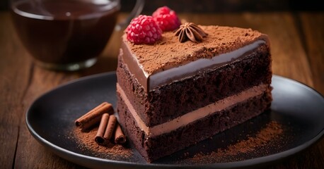 Plate with a slice of tasty homemade chocolate and cinnamon cake on the table