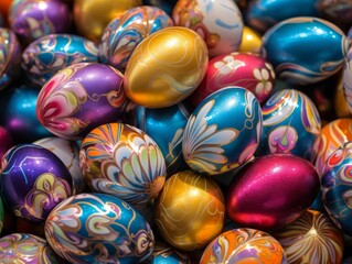 Easter eggs, nests and flowers background