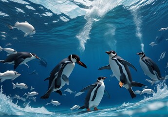 Obraz premium A couple of penguins swimming in the ocean with