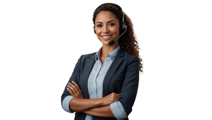 Portrait of a happy call center black woman arms crossed isolated on a transparent background for consulting. Smile, customer support or service career with a young employee on PNG for telemarketing