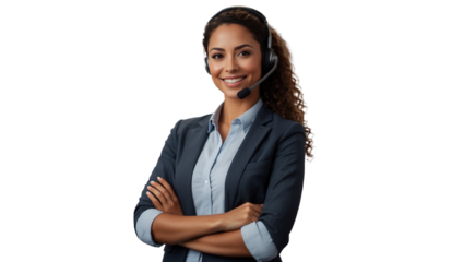 Portrait of a happy call center black woman arms crossed isolated on a transparent background for consulting. Smile, customer support or service career with a young employee on PNG for telemarketing