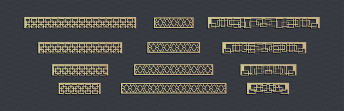Laser cut template panels set. Die cut geometric pattern rectangle shape for metal , wooden, paper, engraving, stencil. Vector illustration design.