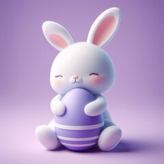 Cute fluffy white Easter bunny hugs a pastel purple egg on a pastel purple background. Easter holiday concept in minimalism style. Fashion monochromatic   composition. Copy space for design.