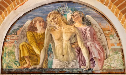  TREVISO, ITALY - NOVEMBER 4, 2023: The fresco of death Jesus among the angels in church Chiesa di San Francesco by Giovanni Barbisan (1946). © Renáta Sedmáková