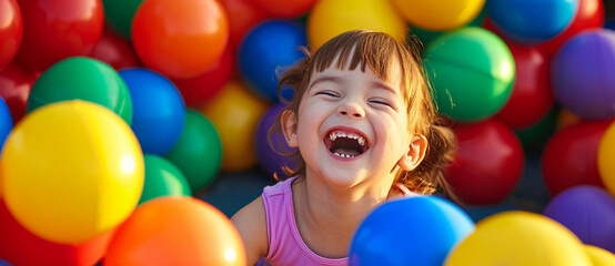 Fototapeta na wymiar Joy radiates from a child's laughter amidst a sea of colorful balls