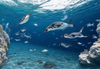 Obraz premium A couple of penguins swimming in the ocean with