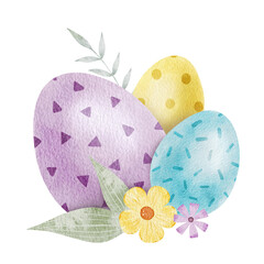 Blue, yellow, purple Easter eggs, flowers and leaves. Paschal Concept with Easter Eggs with Pastel Colors. Isolated watercolor illustration. Template for Easter cards, covers, posters and invitations.
