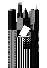 Monochrome placard with a ballot box with a long US flag and a ballot against the background of buildings of an American city. Concept of US Presidential election in vintage engraving style. Vector 
