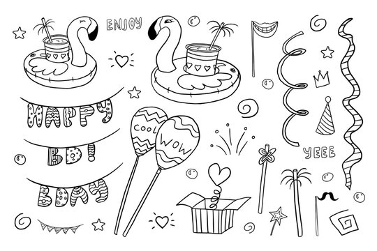 Cute holiday set in doodle style. Happy birthday party clipart with gifts, decorative flamingos, drinks, balloons, garlands and fireworks. Great for celebration and children's holiday. Hand dawn