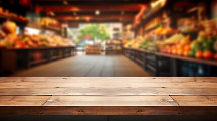 empty wooden table with grocery store background. Table for displaying products. Market banner