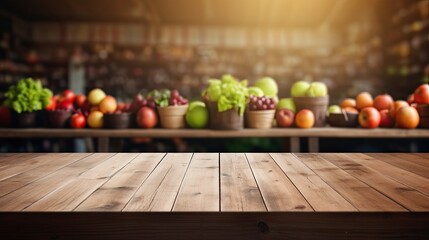 empty wooden table with grocery store background. Table for displaying products. Market banner - obrazy, fototapety, plakaty
