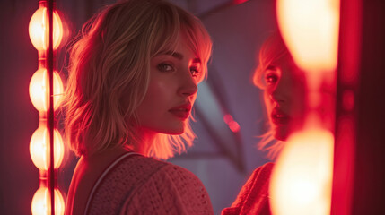 A Woman Contemplates Her Reflection, Illuminated by the Warm Glow of Vanity Lights. A Moment of Self-Reflection in a Vivid Ambience