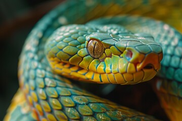 Fototapeta premium Close examination of a venomous boomslang snake's vibrant scales.
