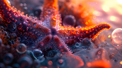 Macro shot a starfish, in bright colors with water drops, extreme close-up