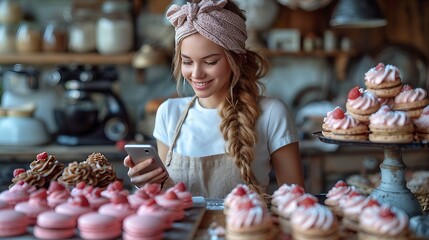 Naklejka premium A young girl is recording herself with a smartphone while making a macarons. AI generate illustration