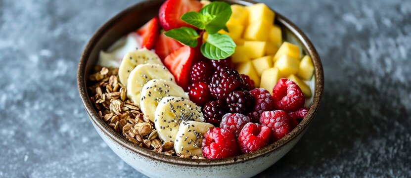 Indulge in a wholesome bowl of nutrient-rich oatmeal and a vibrant fruit salad, bursting with fresh strawberries and other natural ingredients, perfect for any vegetarian diet and beautifully present