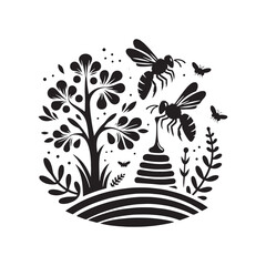 Winged Emissaries: Honey Bee Silhouette Series Conveying the Message of Pollination and Nature's Balance - Honey Bee Illustration - Honey Bee Vector
